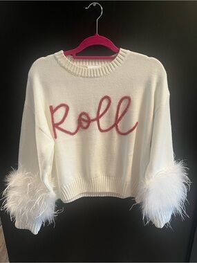 QUEEN OF SPARKLES Crimson 'Roll'  Alabama Sweater With Feather Sleeves
